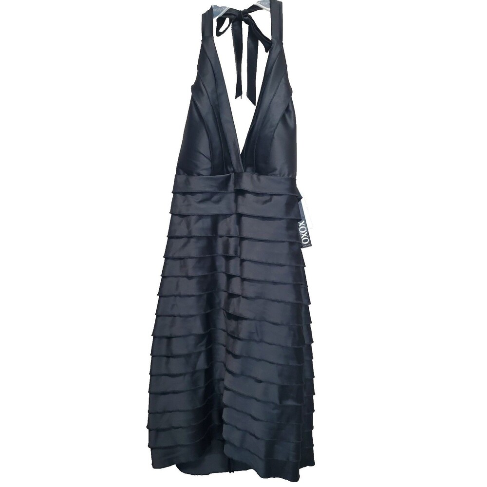 XOXO Vintage Black Tiered Halter Tie Neckline Backless Midi Dress Size 13 NWT